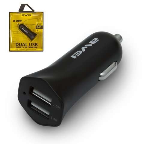 Автомобильное зарядное устройство Awei C 300, 12 В, 2 USB выхода 5В 2,4А , черное