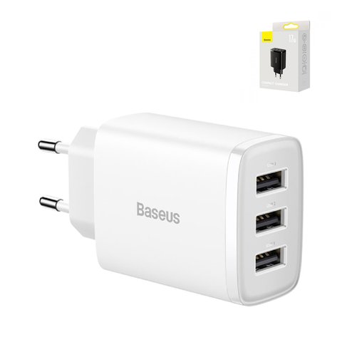 Мережевий зарядний пристрій Baseus Compact Charger, 17 Вт, білий, 3 порта, #CCXJ020102