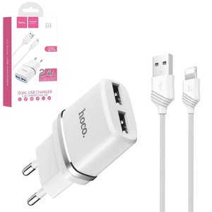 Мережевий зарядний пристрій Hoco C12, 12 Вт, білий, з кабелем Lightning для Apple, 2 порта, #6957531047766