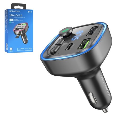 FM трансмітер Borofone BC48, чорний, з дисплеєм, USB тип C, USB тип A, 3 порта, 18 Вт, Quick Charge, USB TF card bluetooth, #6941991104039
