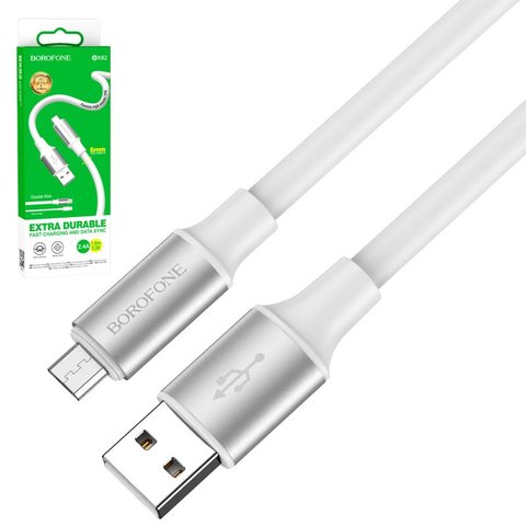 USB кабель Borofone BX82, USB тип A, micro USB тип B, 100 см, 2,4 А, белый, силиконовый, #6974443386202